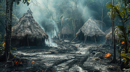 A burned out and pillaged thatch hut village in the middle of a forest.