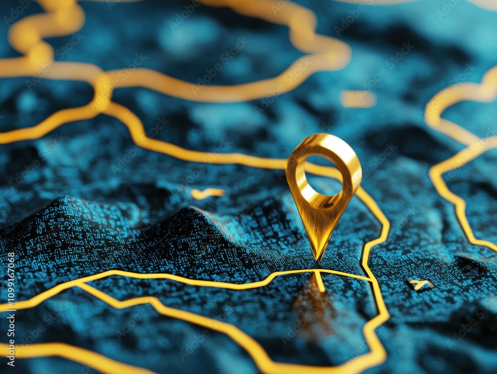 Poster golden location pin on digital map with blue terrain and highlighted paths in dark atmosphere
