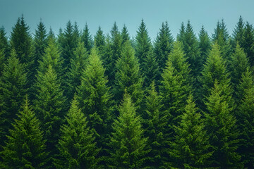 Fototapeta premium A breathtaking upward view from the forest floor, capturing the towering height of dense, tall trees