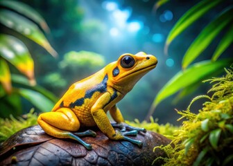 Fototapeta premium Close-Up Double Exposure of Yellow Poison Frog, Dart Frog Phyllobates Terribilis in Lush Tropical Rainforest for Nature Photography and Conservation Awareness