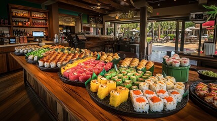 Obraz premium Vibrant Sushi Display in a Tropical Restaurant