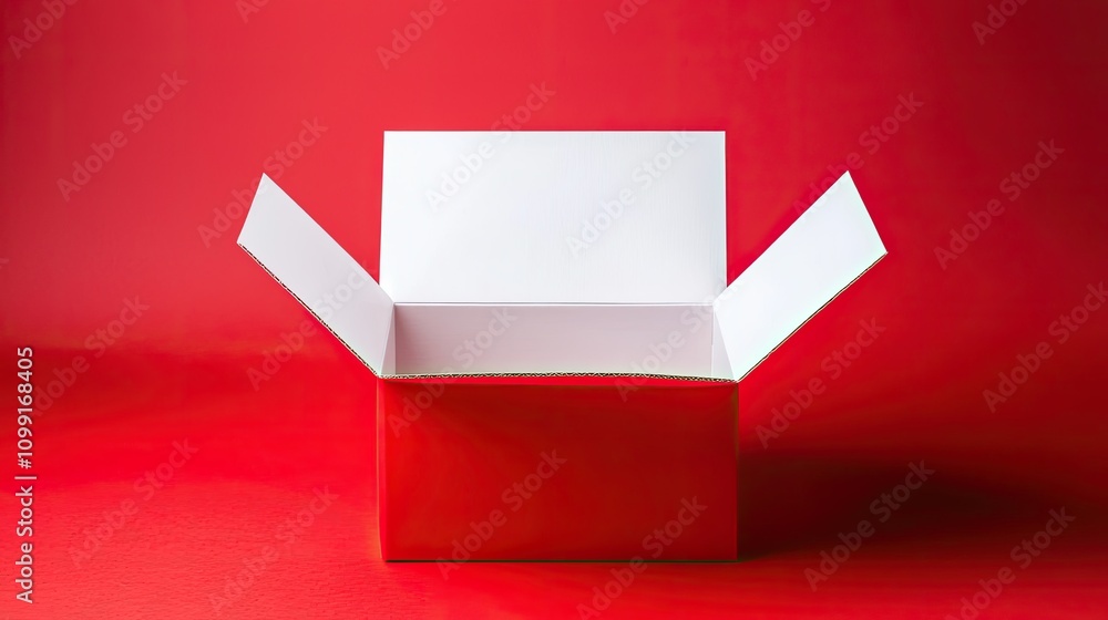 Poster unboxing a red box studio setup product photography minimalist background close-up surprise element