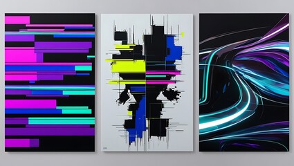 set of three abstract painting panels with geometric designs