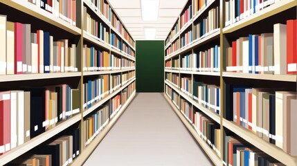 A library aisle filled with neatly arranged books on shelves, leading to a green door.