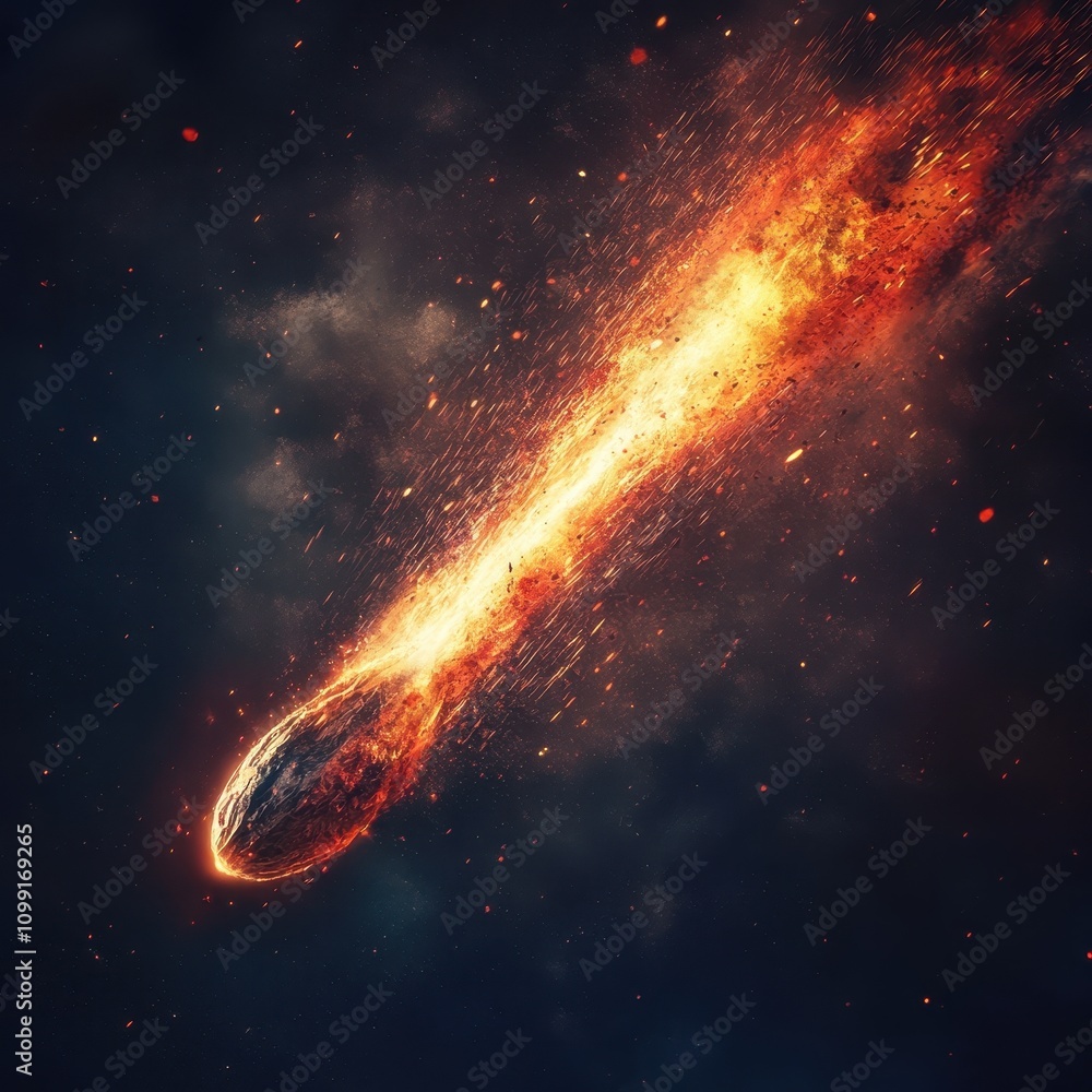 Poster a fiery meteor streaking through a dark sky, surrounded by glowing particles and cosmic elements.