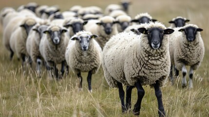 Obraz premium Flock of sheep grazing in field. Illustrates themes of agriculture, nature, and rural life.