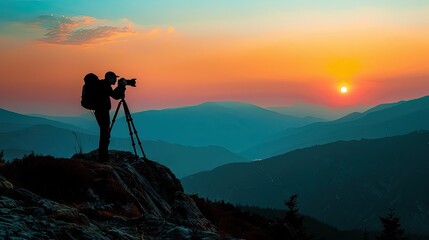 Fototapeta premium Photographer captures sunset. Mountain landscape photography; ideal for travel, nature, and adventure themes.