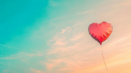 Fototapeta premium Red heart-shaped balloon floats in a pastel sky.
