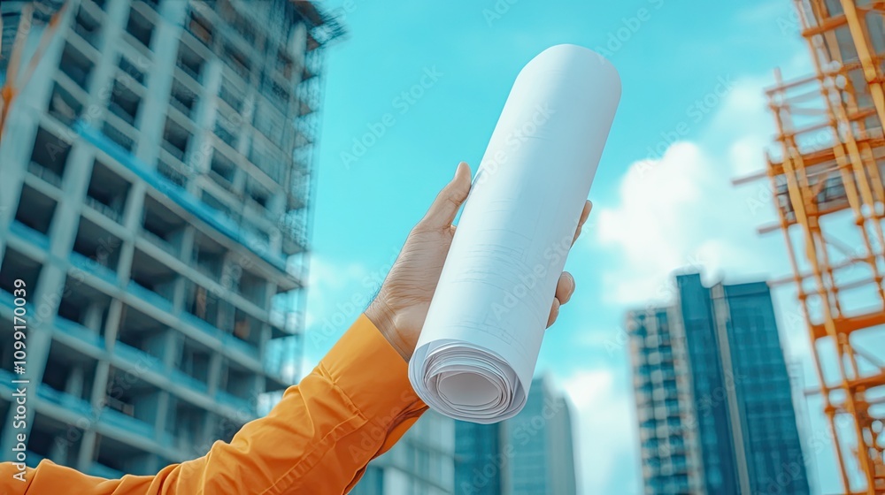 Poster construction planning action urban setting building blueprints modern environment close-up view proj