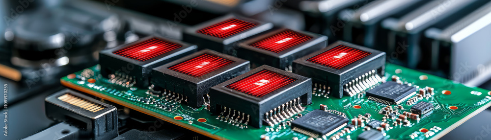 Poster high tech circuit board with red chips and intricate details