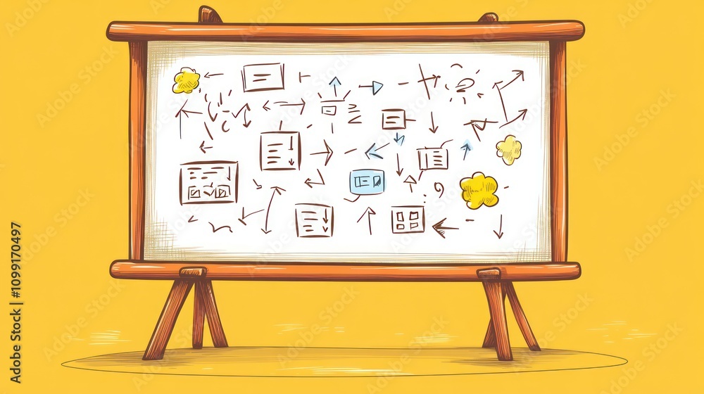 Poster a whiteboard filled with sketches and arrows illustrating ideas or processes.