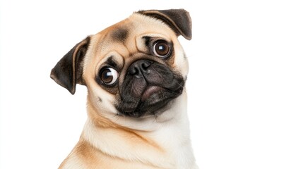 Playful pug dog portrait studio setting pet photography white background close-up view cute canine expression for pet lovers