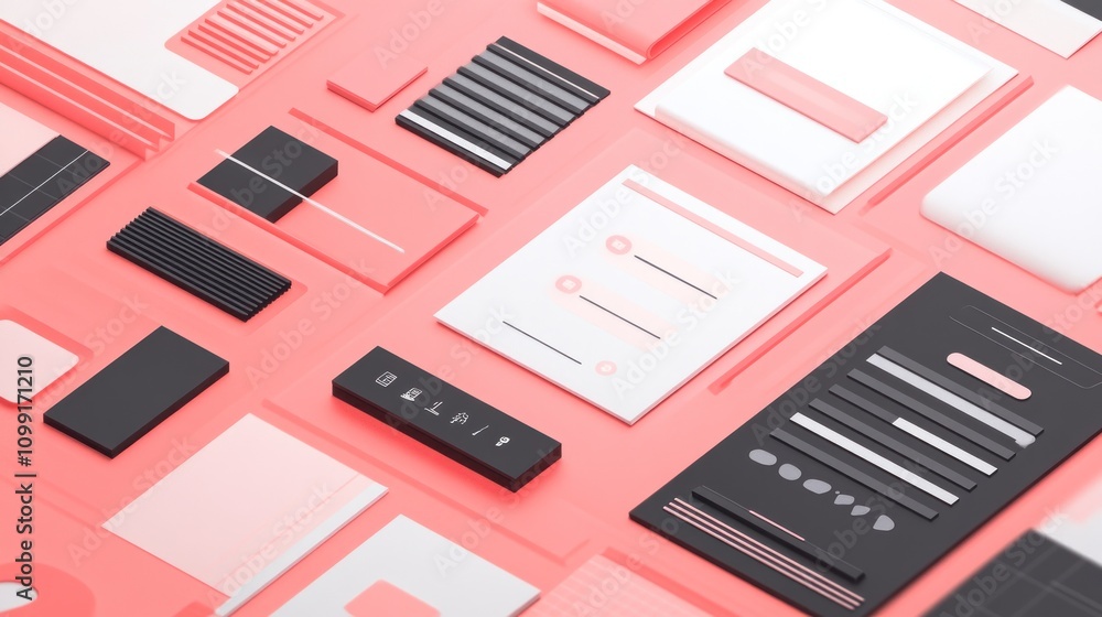 Aufkleber a collection of graphic design elements arranged on a coral background for digital interfaces.