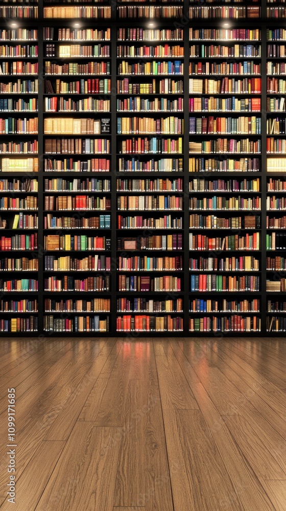 Aufkleber a large bookshelf filled with colorful books in a cozy library setting.