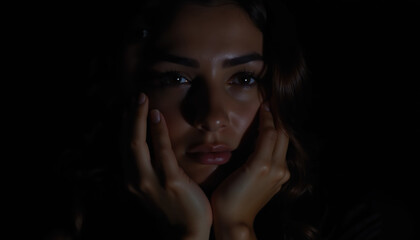Fototapeta premium Expressive Portrait of a Young Woman with Hands Framing Her Face, Captured in Dramatic Low-Key Lighting and Deep Shadows