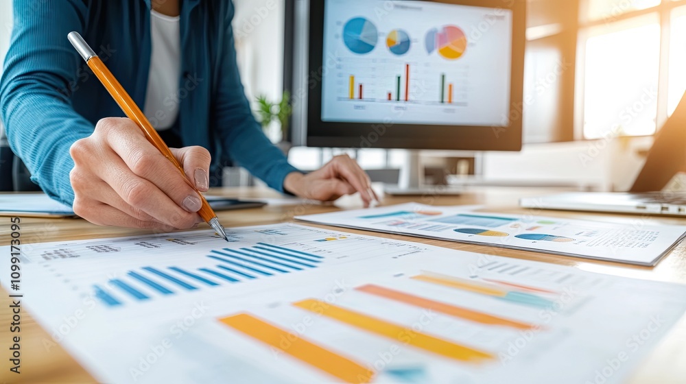 Poster analyzing business performance metrics corporate office data analysis professional environment close