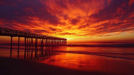 Obraz premium Fiery Sunset Over Ocean Pier Silhouette