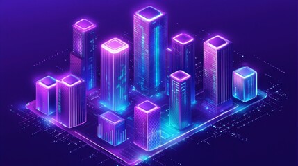 Fototapeta premium Futuristic Cityscape with Neon Lights and Buildings