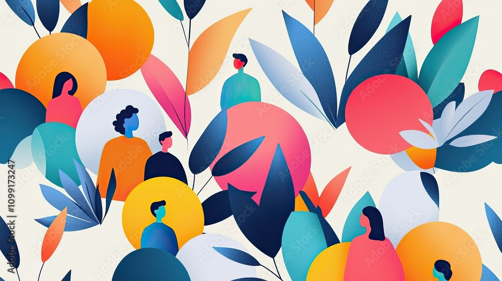 Poster vibrant interaction among diverse figures abstract design digital art colorful environment artistic 