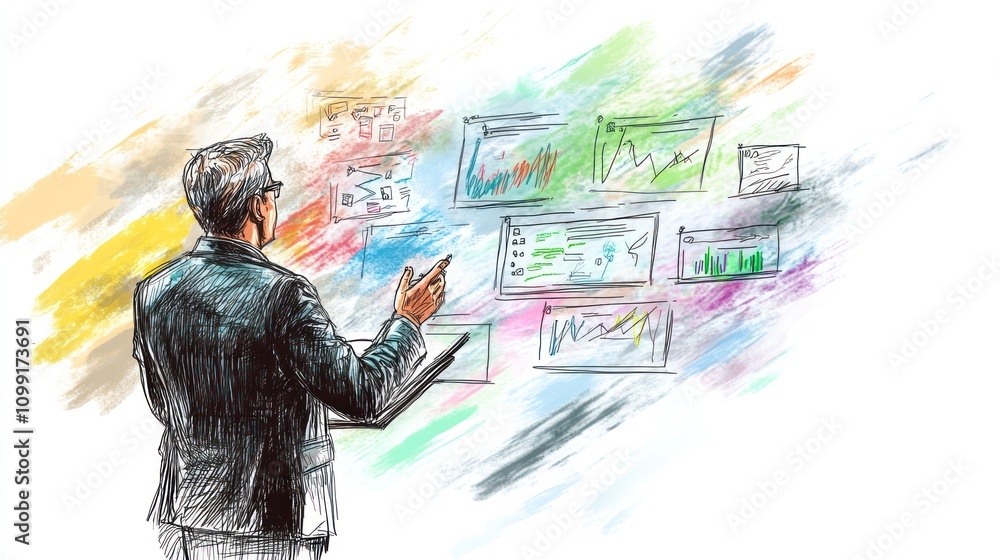 Poster a professional analyzing data visualizations on digital screens.