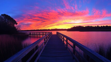 Obraz premium Vibrant Sunrise Over Water With A Wooden Dock