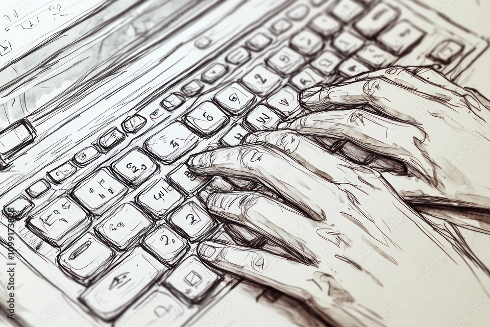 Poster a sketch of hands typing on a keyboard, illustrating the act of writing or working digitally.