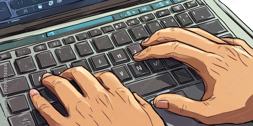 Poster close-up of hands typing on a laptop keyboard, emphasizing technology use.