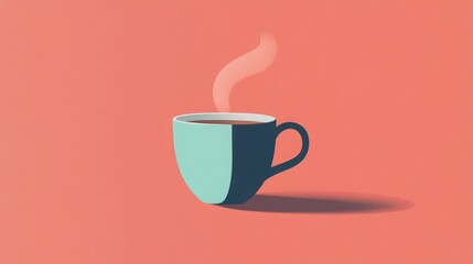 Obraz premium Steaming cup of coffee on a coral background. Minimalist illustration.