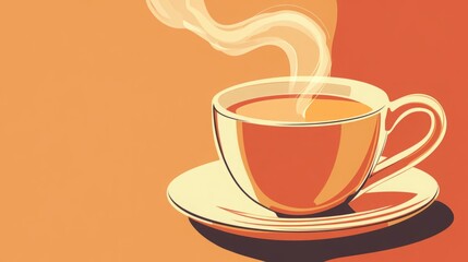 Obraz premium Warm cup of tea on a saucer. Steaming hot beverage in an orange cup.
