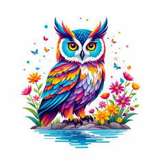 Fototapeta premium illustration of owl near river surrounded by colorful flowers on white background.