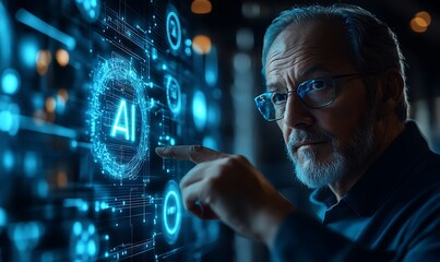  Chat with AI or Artificial Intelligence technology. Man touching chatting virtual with an intelligent artificial intelligence asks for answers he wants. Smart assistant futuristic, Chatbot, ChatGPT, 