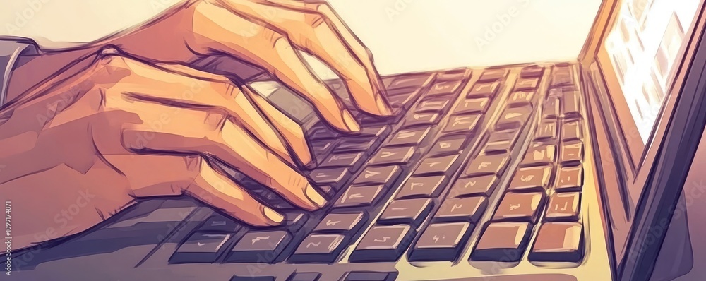Poster close-up of hands typing on a laptop keyboard, emphasizing technology use.