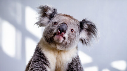 Fototapeta premium a koala tilting its head, its fluffy ears and round nose giving it a calm yet curious demeanor, against an isolated white background