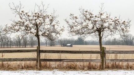 Snowy Landscape with Cotton-Like Trees in Winter
