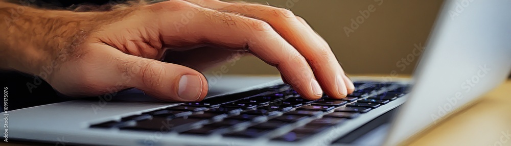 Poster a close-up of a hand typing on a laptop keyboard, emphasizing technology use.