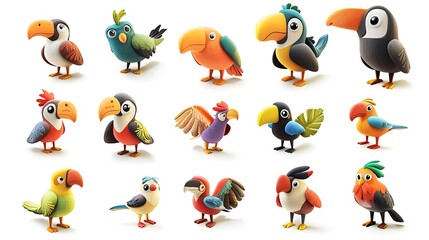 Naklejka premium Cute Cartoon Tropical Birds Collection Toucans Parrots Macaws