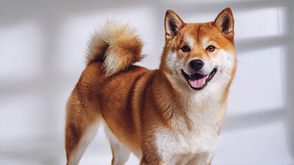 a playful Shiba Inu with a fluffy tail and a cheerful smile against an isolated white background