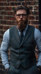 Obraz premium Portrait of a Bearded Man in a Waistcoat: Vintage Style and Classic Look