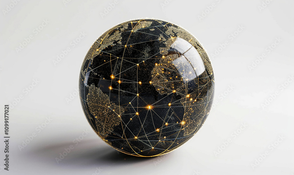 Poster a globe with a network of lines and dots on it. the globe is black and gold. the lines and dots are 