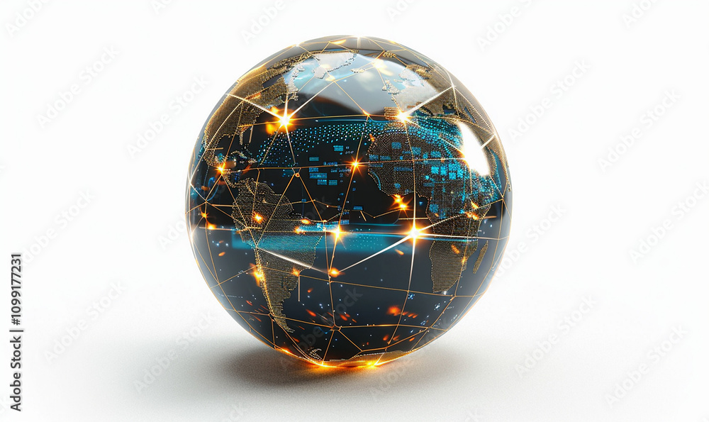 Poster a globe with a network of lines and dots on it. the globe is illuminated with a blue and yellow ligh