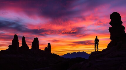 Silhouetted Climber Conquering Dramatic Mountain at Colorful Sunset - Awe-Inspiring Adventure Image