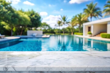 Fototapeta premium white marble top with blurred empty Swimming pool background can be used for mocking up or display product to make advertising.