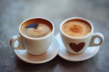Fototapeta premium Two cups of coffee on saucers. Perfect for coffee shop menus or romantic themes.