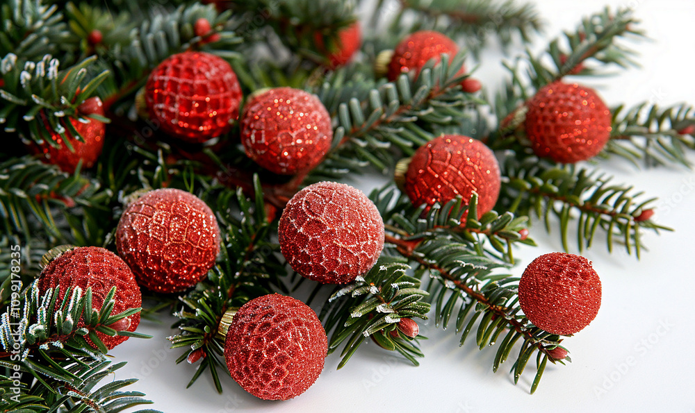 Poster A bunch of red balls with glitter on them are on a tree branch. The image conveys a festive and joyful mood, as the red balls are often associated with Christmas and other holiday celebrations