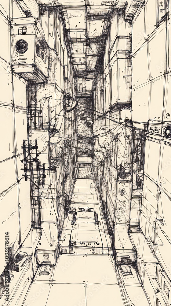 Poster a detailed sketch of a futuristic corridor with industrial elements and complex structures.