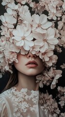 Naklejka premium Dreamy Woman Portrait with Cherry Blossoms: A Delicate and Romantic Artwork