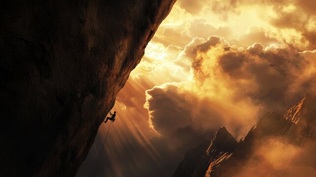 Conquering Heights: Climber Scaling Vertical Rock Wall in Dramatic Light with Swirling Clouds and Sunlight Breaking Through