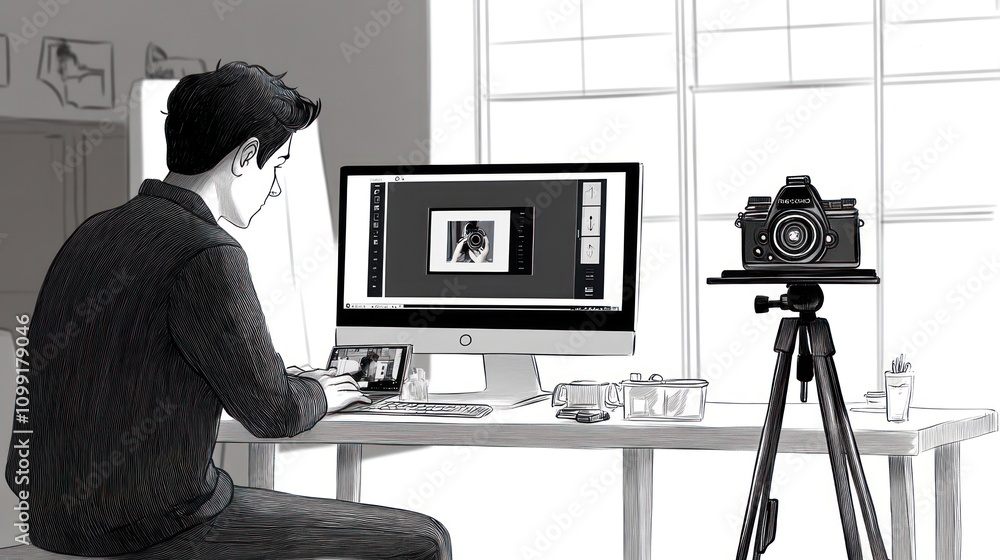 Aufkleber a person editing photos on a computer with a camera setup nearby.