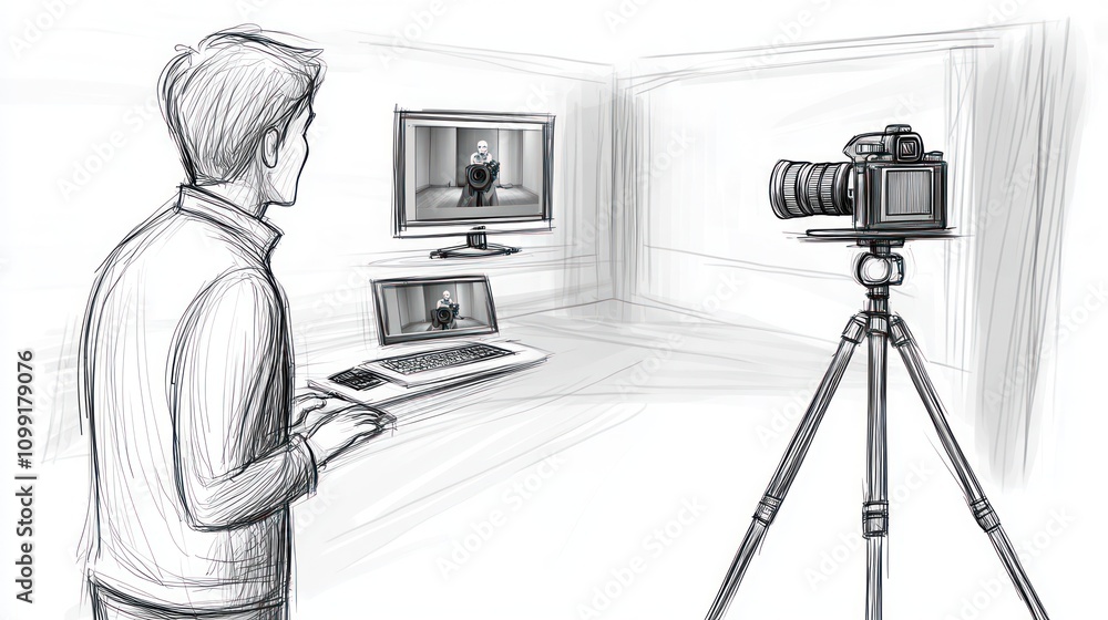 Aufkleber a person using a camera setup to record or stream content with monitors for feedback.