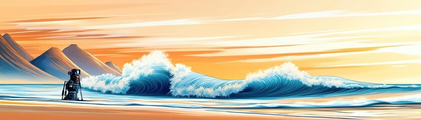 A serene beach scene with a dog by the shore, waves crashing, and mountains in the background.